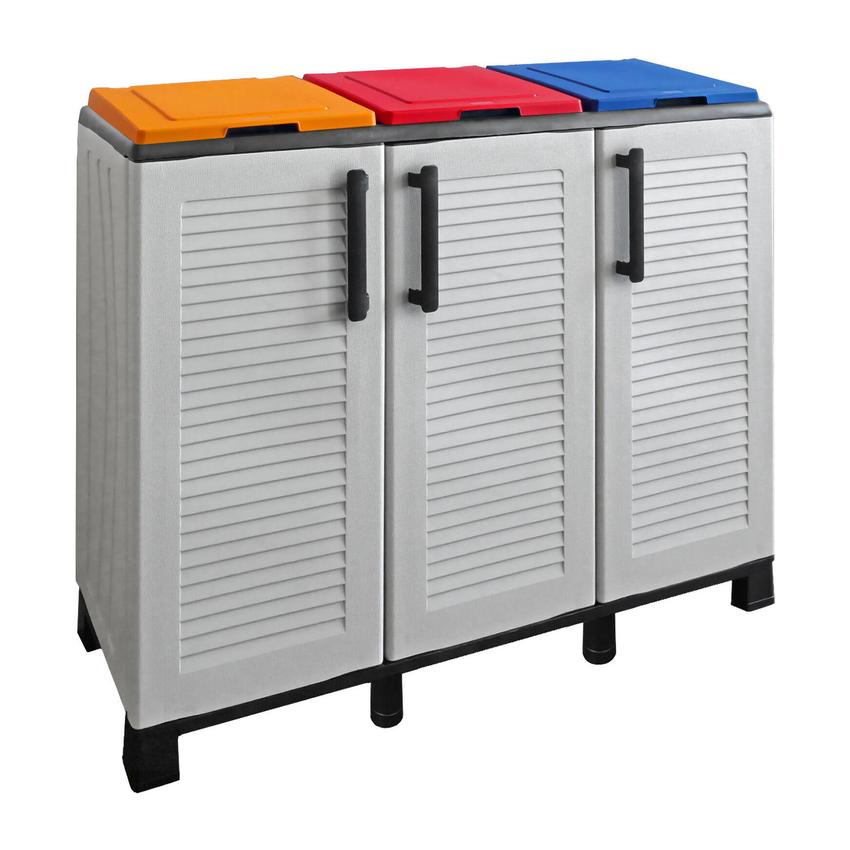 Armadio portarifiuti da esterno o interno, Mobile porta 3 sacchi a 3 ante, 100% Made in Italy, cm 102x37h90, colore Grigio chiaro e coperchi colorati