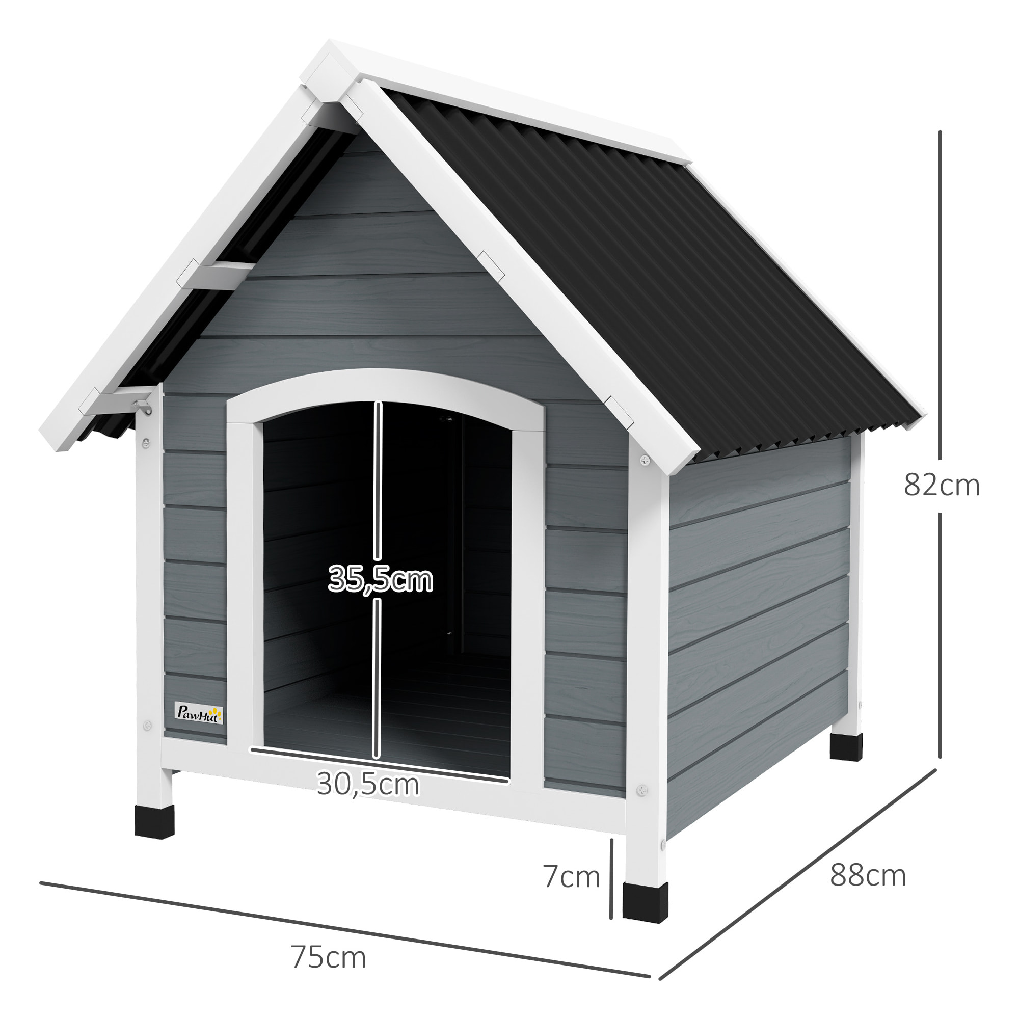 Caseta para Perros 75x88x82 cm Casa para Perros Medianos con Techo de Tejas de Imitación Base Elevada y Suelo Desmontable para Exterior Gris