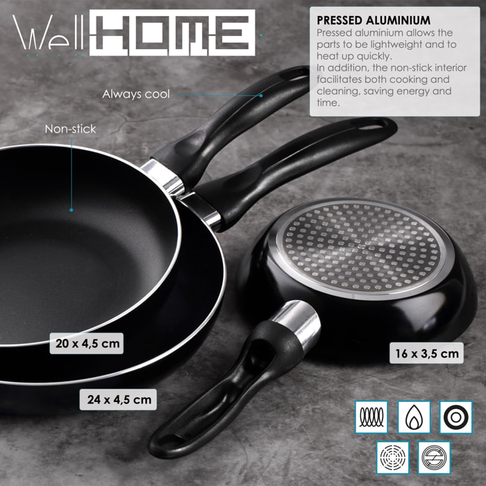 set de 3 sartenes ø16ø20ø24cm de aluminio prensado en negro + 6 utensilios de cocina en pbt color negro