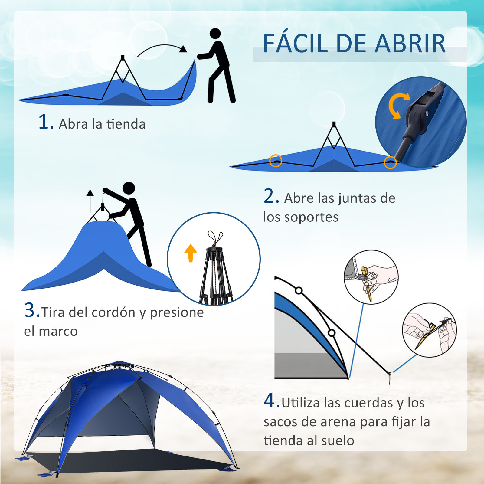 Tienda de Playa Plegable Carpa de Playa con Bolsa de Transporte Apertura Automática Protección UV e Impermeable para Parque Camping 247x247x145 cm Azul