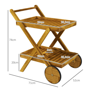 Desserte de jardin plateau étagère 3 porte-bouteilles 2 roues bois d'acacia verni