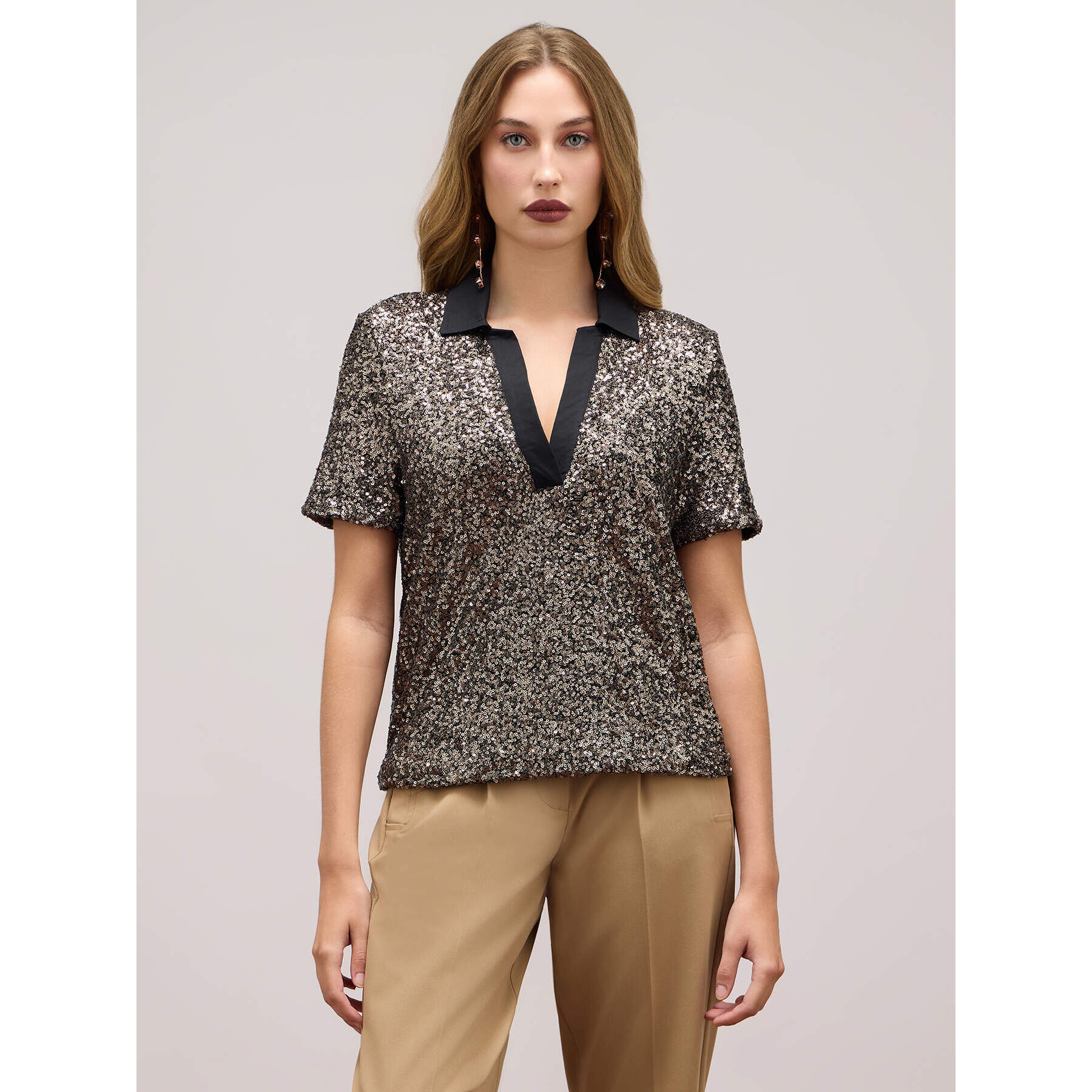 Oltre - Full sequin polo t-shirt - Gris