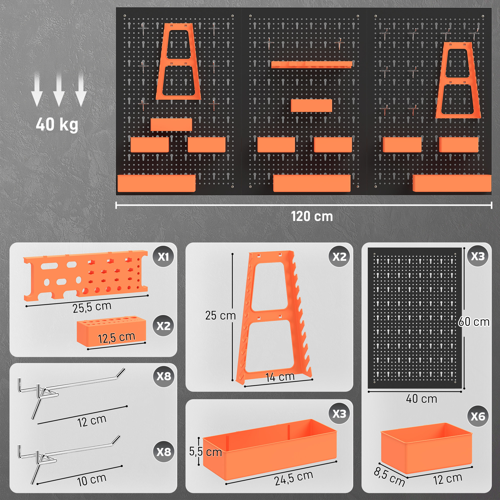 Organizador de Herramientas de Pared de 33 Piezas 120x60 cm, Paneles de Herramientas de Pared con Ganchos, Contenedores y Estantes, para Garajes, Negro y Naranja