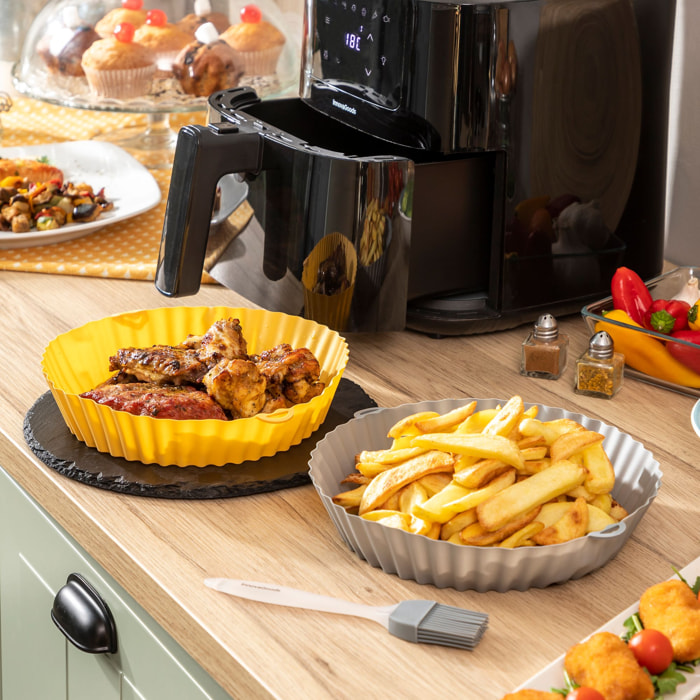 Set 2 vaschette per cucinare in friggitrice ad aria + pennello - silicone - grigio e arancione