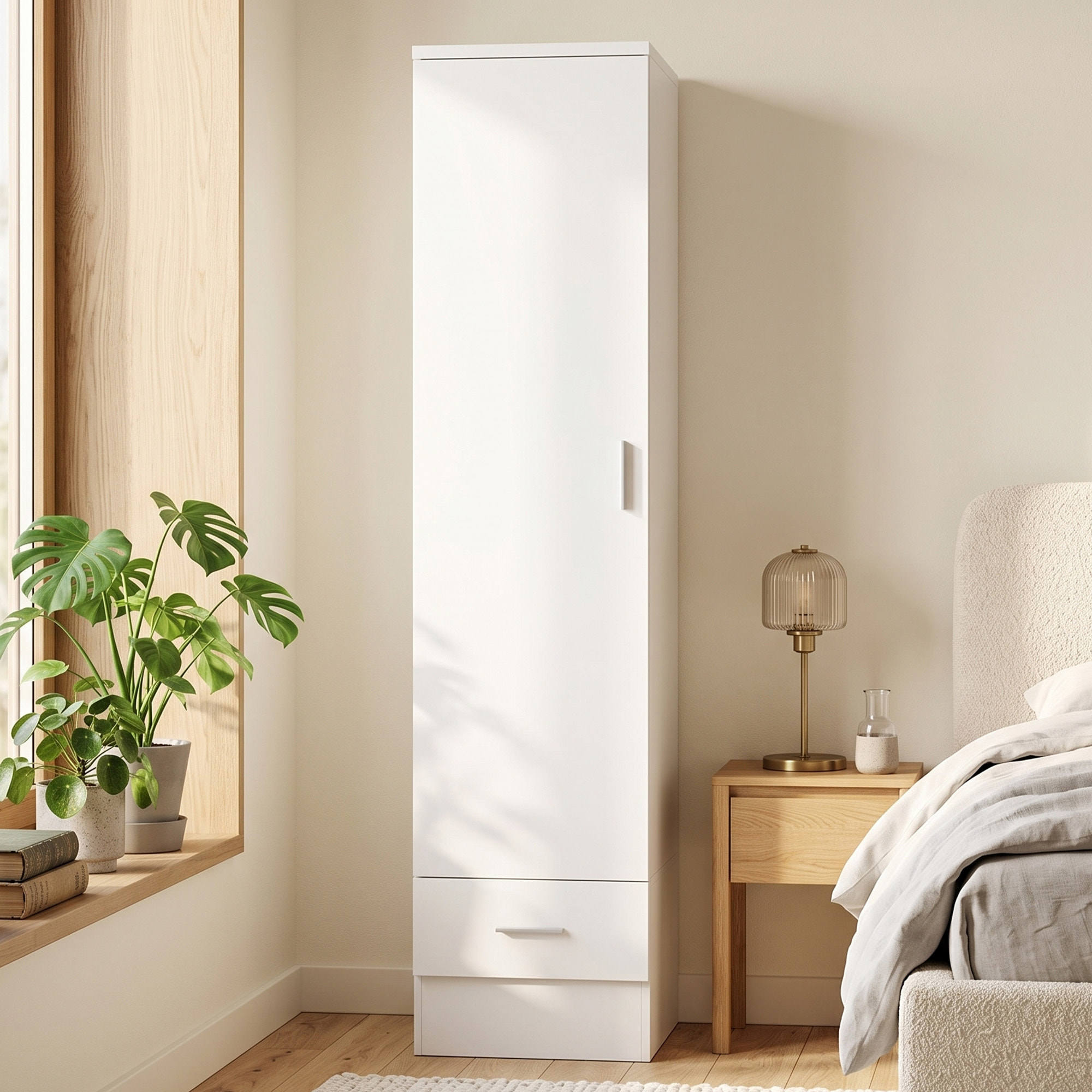 HOMCOM Armario Dormitorio Moderno, Armario Ropero con Barra para Colgar, Cajón, Estante Superior, 40x52x170 cm, Blanco