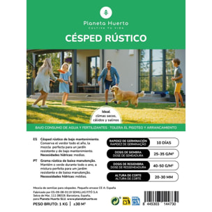 PLANETA HUERTO | Semillas Césped Rústico 1 Kg, Mezcla de Gramíneas Resistentes y de Bajo Mantenimiento - Semillas Césped Decorativo y Duradero para Jardines, Áreas Verdes y Uso Frecuente