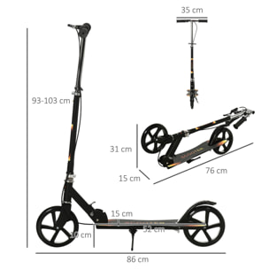 Trottinette pliable enfant béquille double frein hauteur guidon réglable roulement PU abec-7 métal noir motif flammes