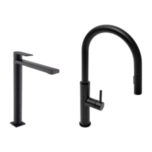 set mitigeur lavabo XL + mitigeur cuisine avec douchette extractible 2 jets, noir mat (SATBSBW285C)