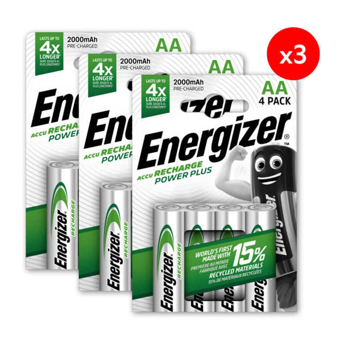 Pack de 3 - Energizer, Power Plus Rechargeable AA/HR6, pack de 4 Piles