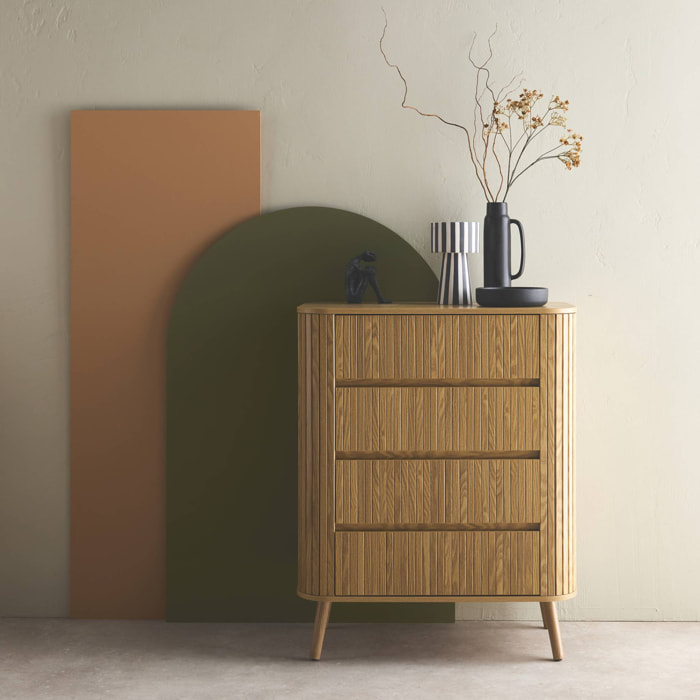 Commode 4 tiroirs. décor strié naturel. L 80x P 45  H 100cm