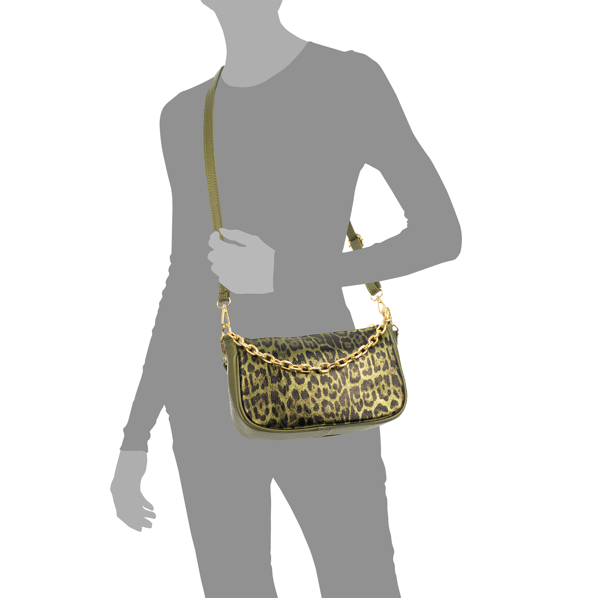 Avella bolso bandolera mujer, de piel auténtica Gamuza lacada con estampado de animal print leopardo, Dollaro.