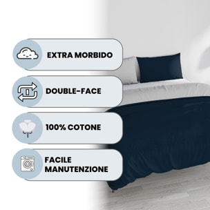 PARURE COPRIPIUMINO NATURAL COLOR, 100% Cotone, Made in Italy - BLU SCURO/GRIGIO CHIARO