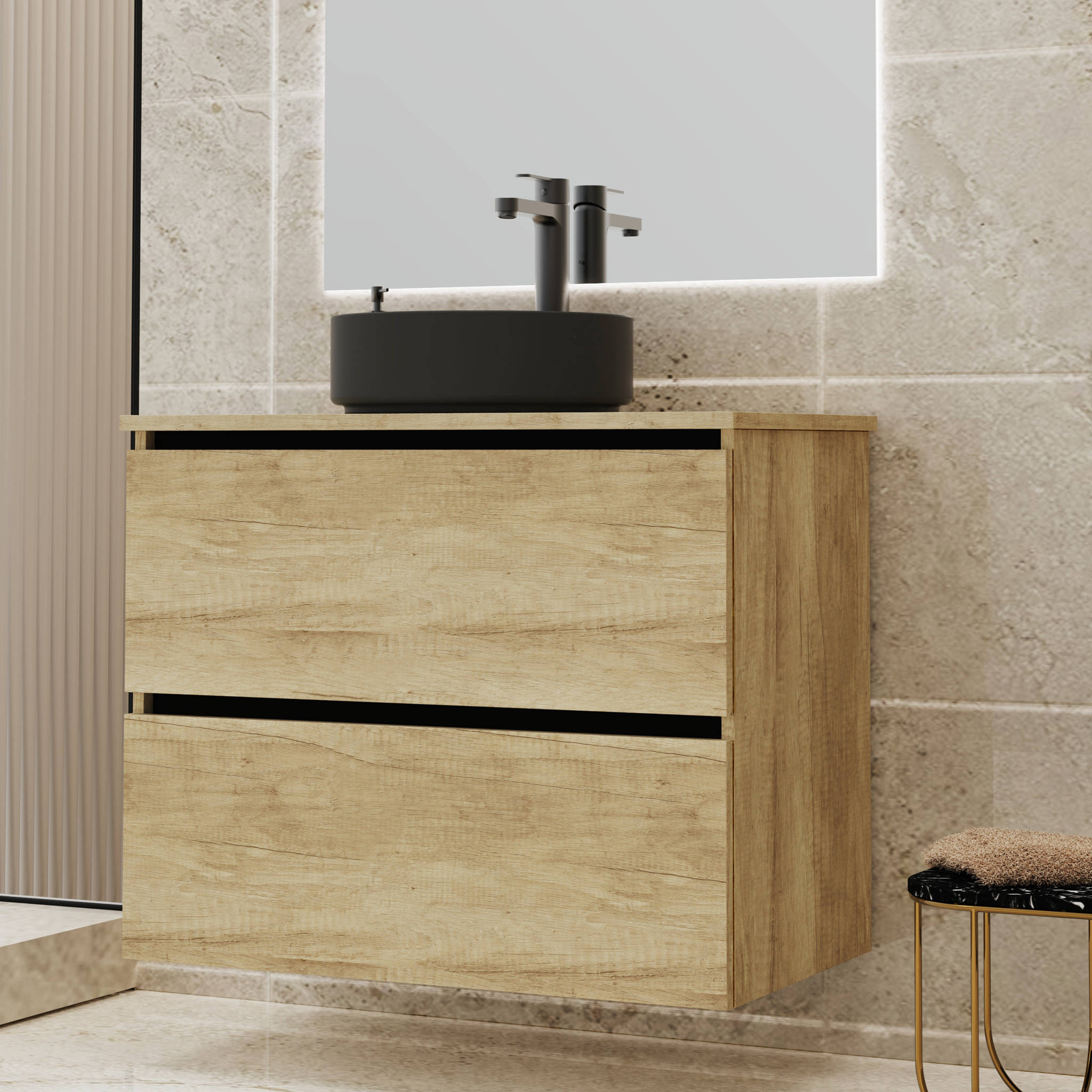 Conjunto de Baño Gloom | Mueble de Baño Suspendido | 80 cm Nature| Dos Cajones | Lavabo sobre Encimera | Mueble Montado | Alday