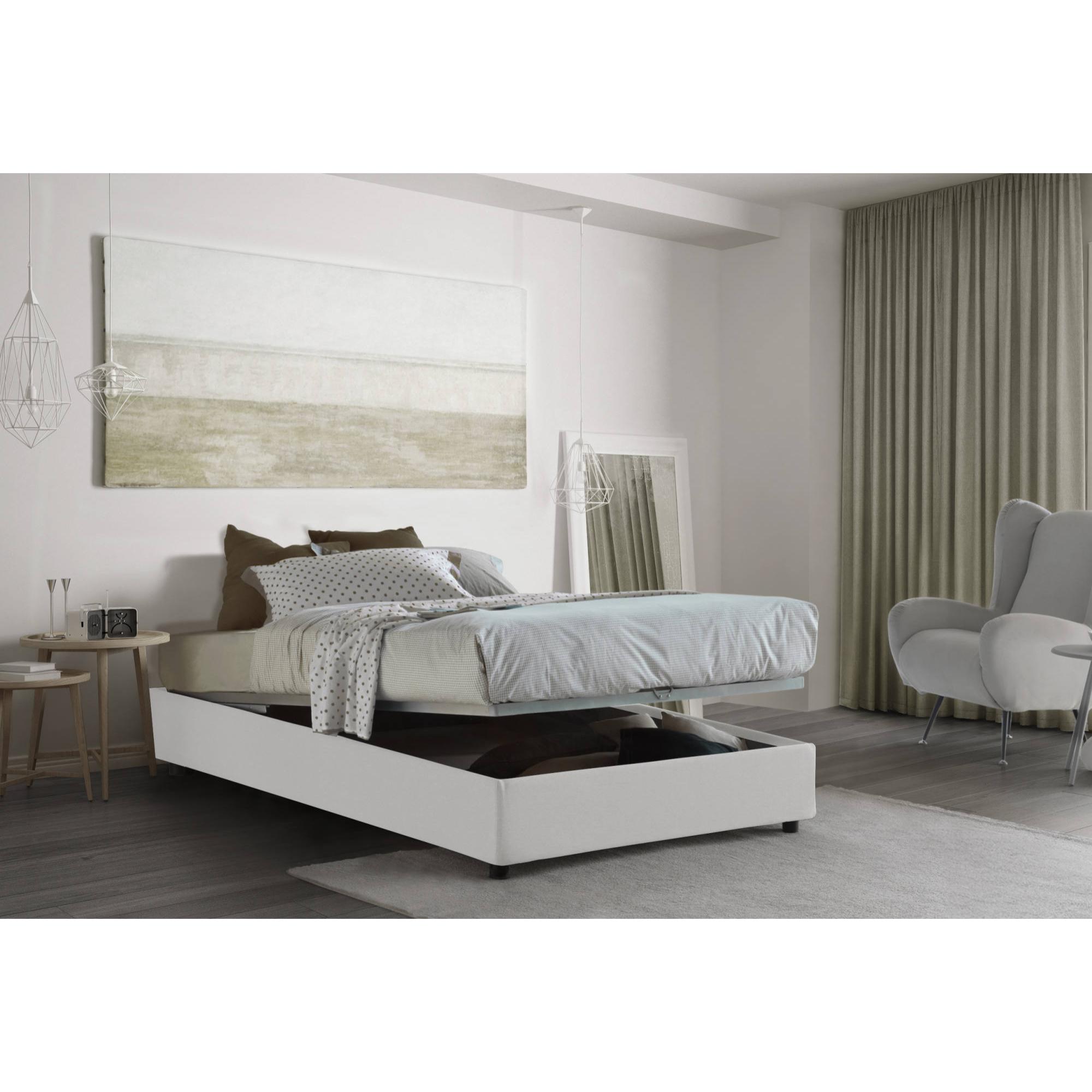 Letto piazza e mezza Nicole, Letto contenitore con rivestimento in tessuto, 100% Made in Italy, Apertura frontale, adatto per materasso Cm 120x190, Bianco