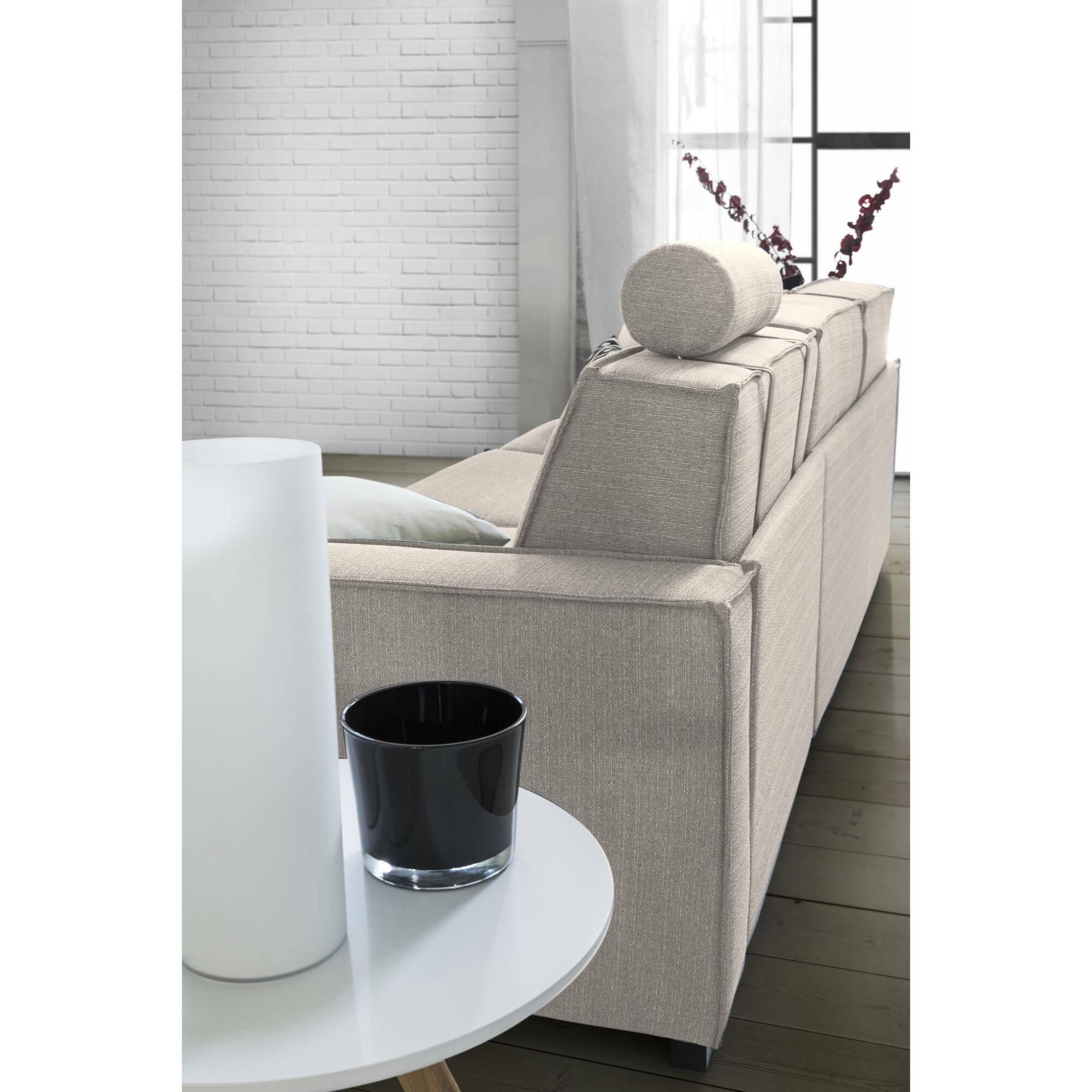 Divano letto con penisola Achico, Sofà con penisola contenitore Destra, Braccioli standard, 100% Made in Italy, Cm 280x95h90, Tortora