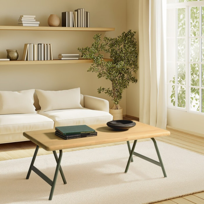 HELENA - Table basse plateau en pin et pieds tréteaux en métal vert
