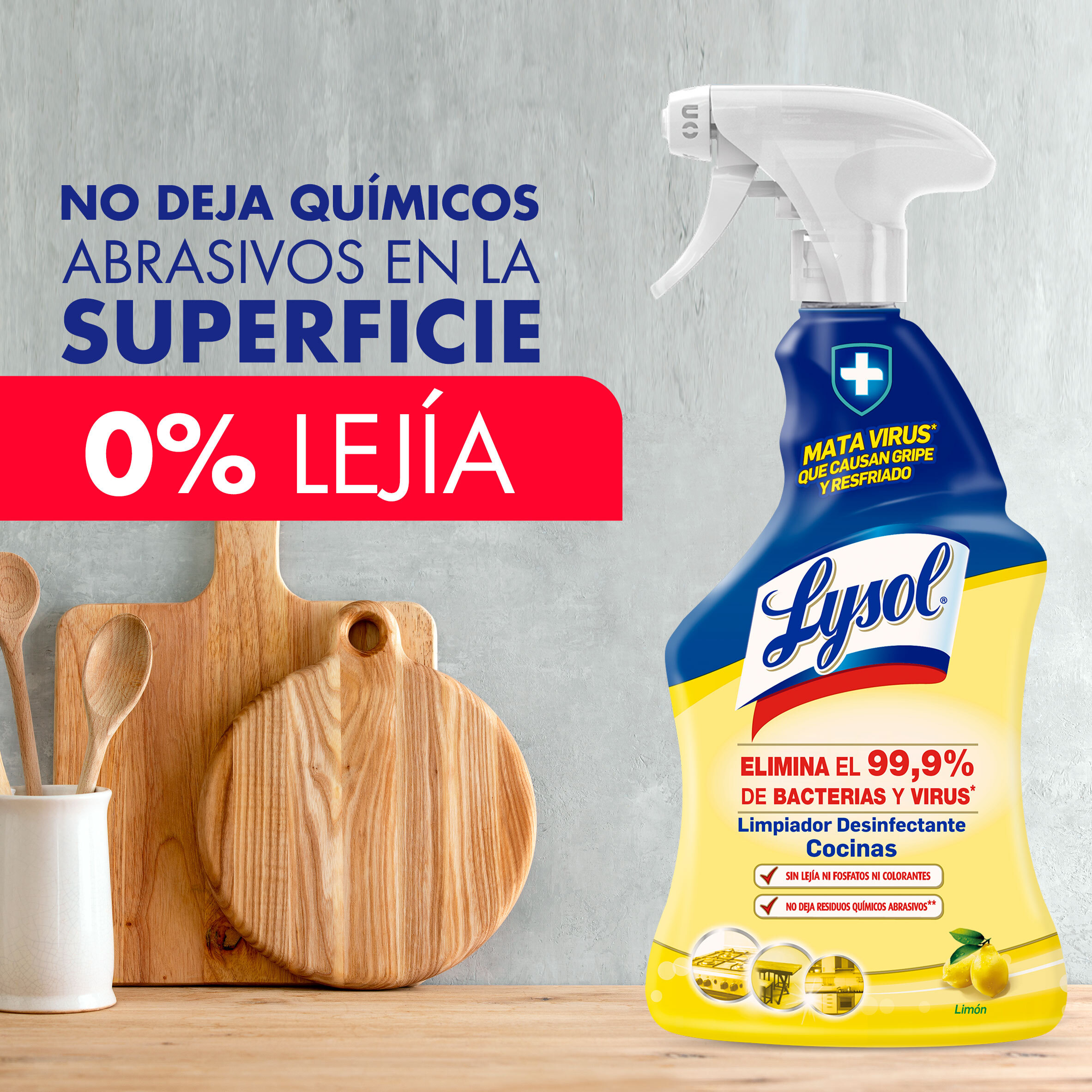 Lysol Limpiador desinfectante quitagrasas cocinas, elimina virus, bacterias sin lejía, aroma limón, spray - Pack 3x750ml