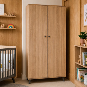 Chambre bébé trio: Lit bébé 60x120, Commode à langer 2 tiroirs et armoire 2 portes décor bois chêne