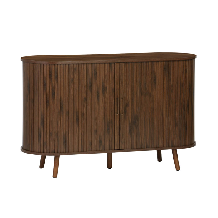 Buffet scandinave 2 portes coulissantes. 4 compartiments. effet bois rainuré. couleur noyer. buffet bas. L 120 x P 40 x H 75cm
