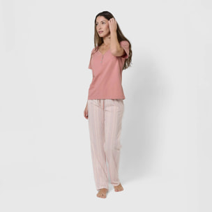 Pijama largo de algodón manga corta escote pico raya martuca rosa