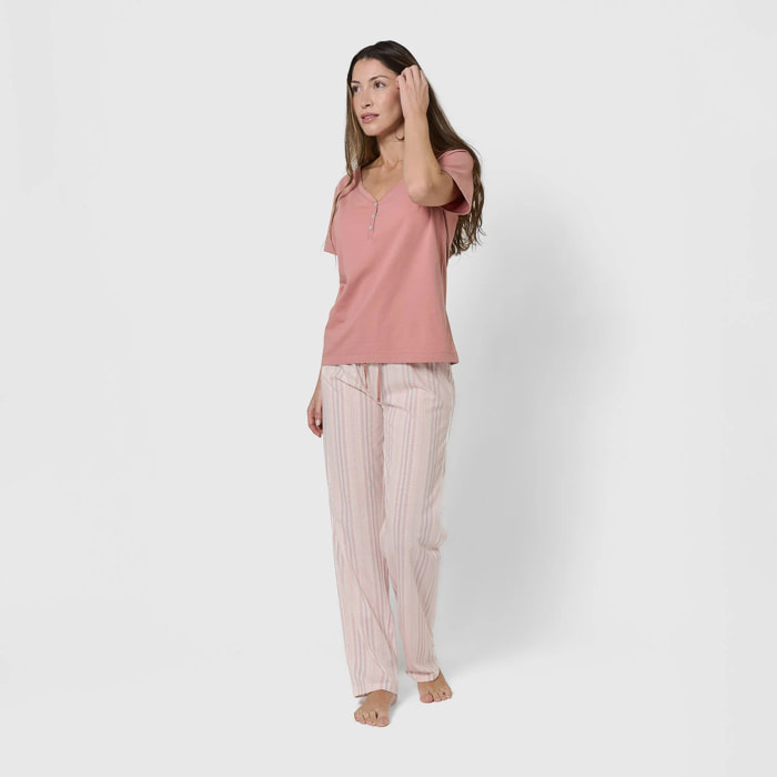 Pijama largo de algodón manga corta escote pico raya martuca rosa