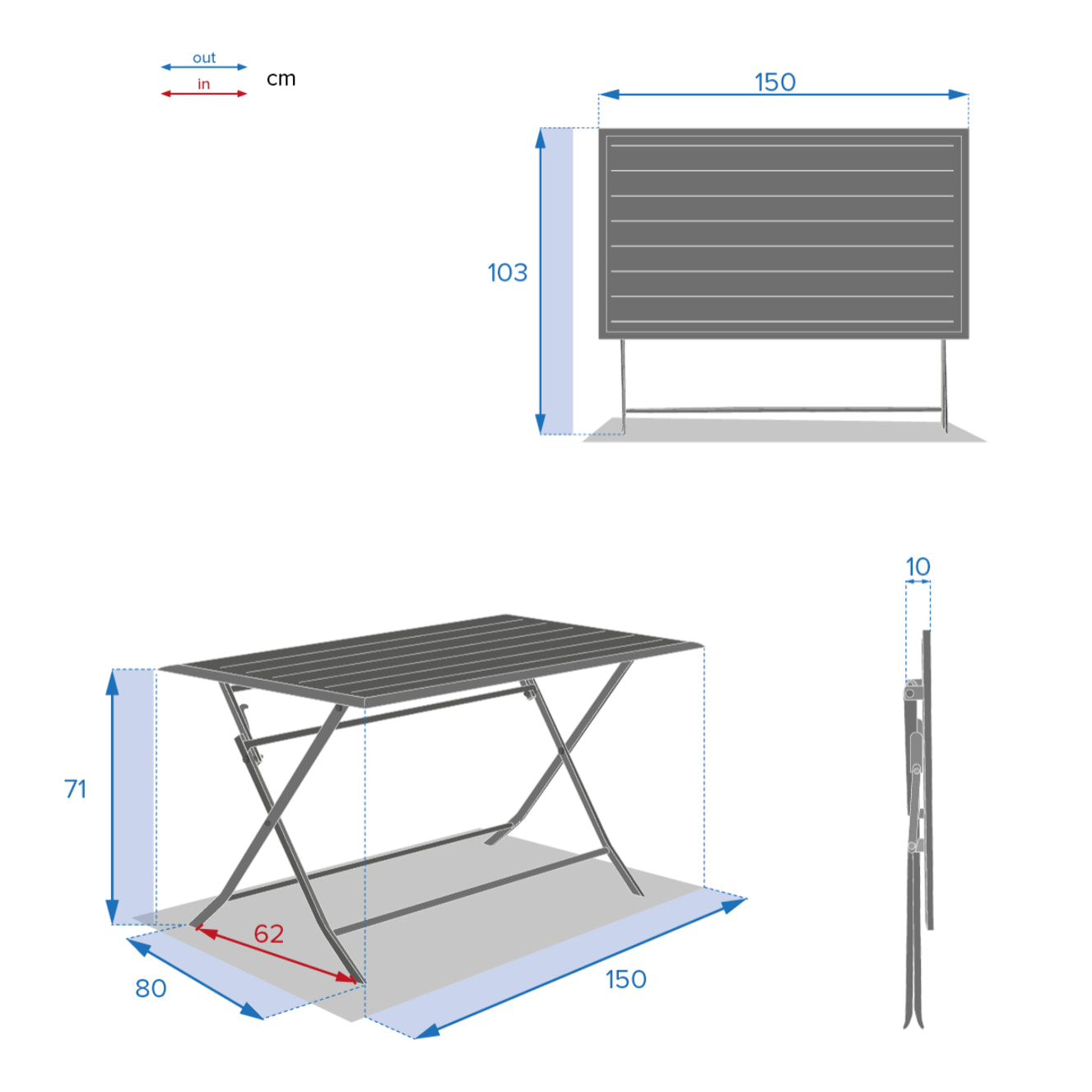 Table de jardin pliante rectangulaire "Azua" 6 places graphite en aluminium