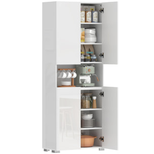 Alacena de Cocina, Mueble Auxiliar de Cocina con 4 Puertas, Compartimento Abierto, Estantes Ajustables, 68x34x180 cm, Blanco Brillo