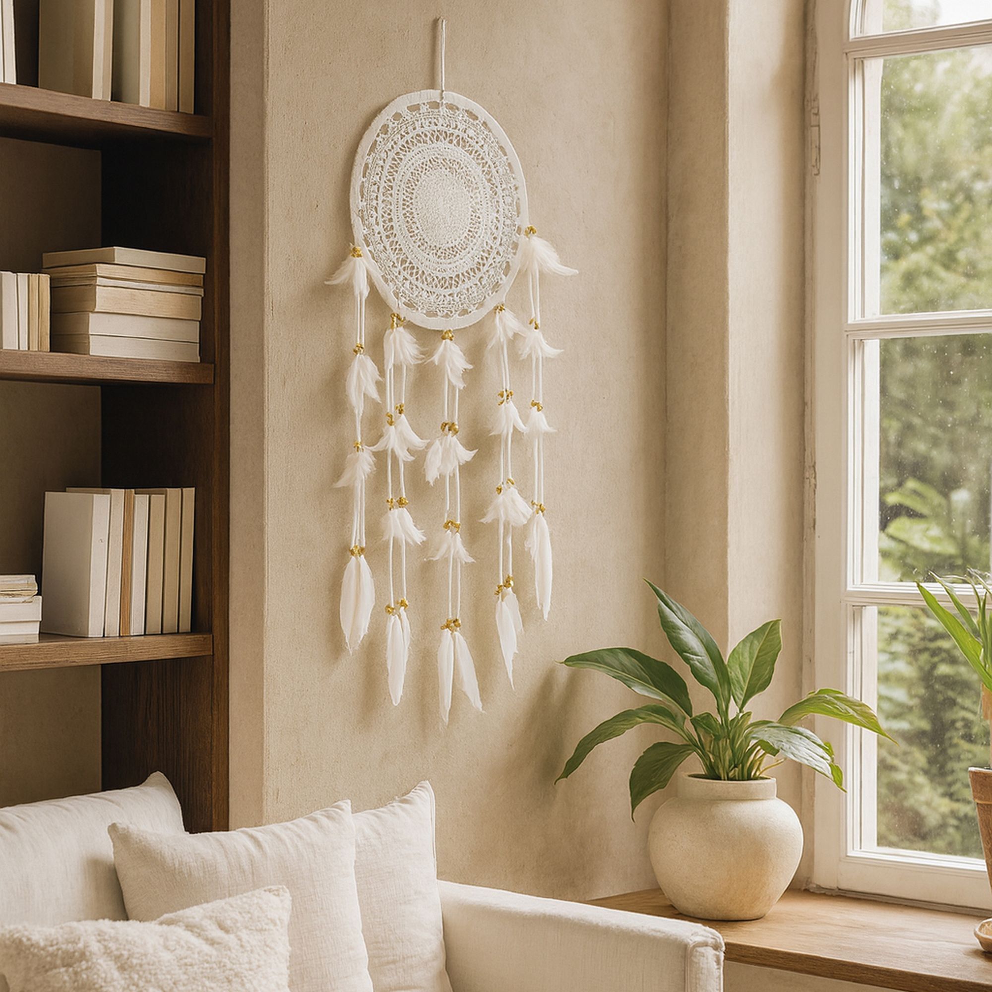 Attrape-rêve en plumes et coton blanc 33cm POKANA