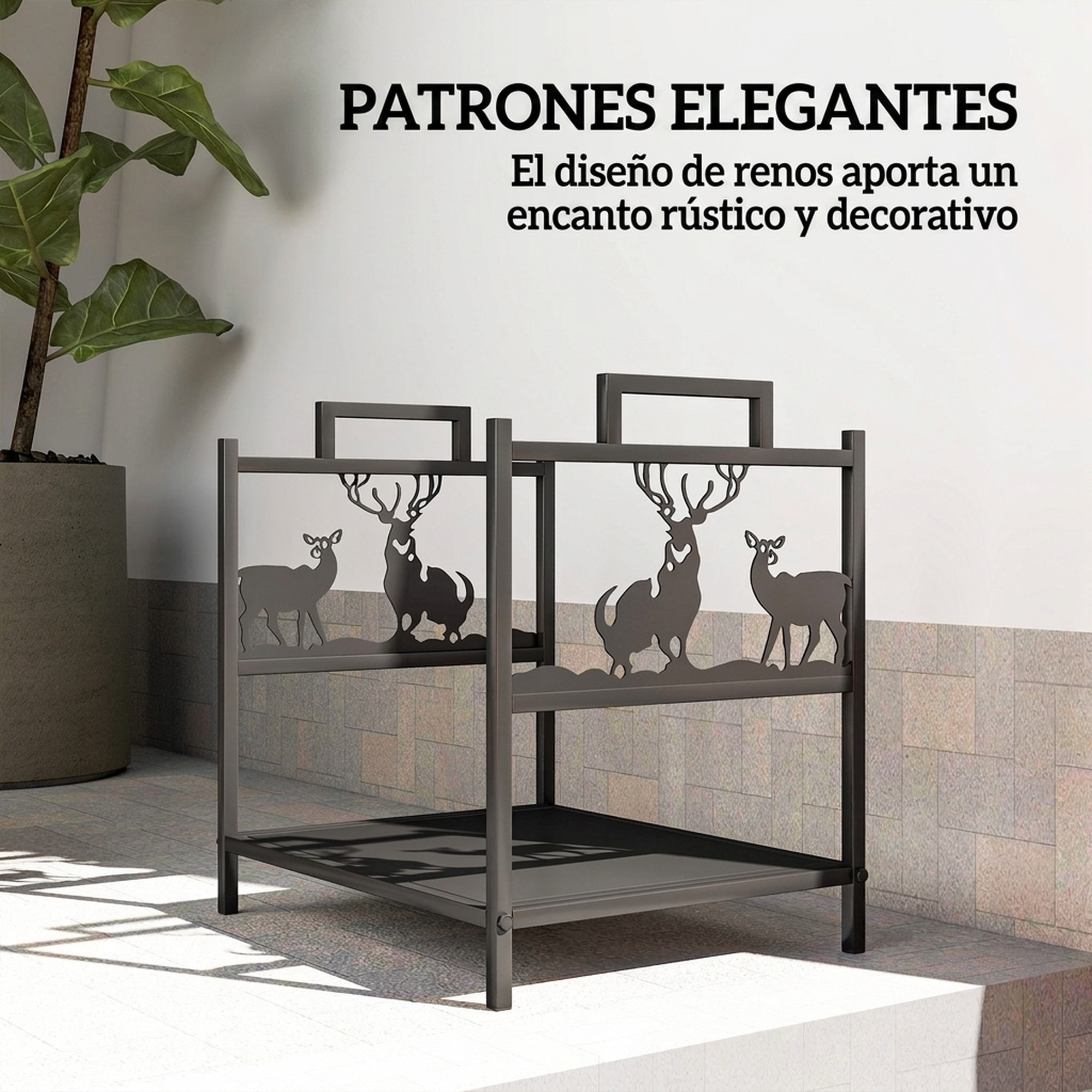 Outsunny Estante de Leña Metálico, 42,5x33,5x43 cm, Leñero Exterior Decorativo Resistente con Asas, Soporte de Madera para Chimenea, para Jardín, Terraza