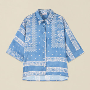 Oltre - Camicia in raso fantasia - Azzurro