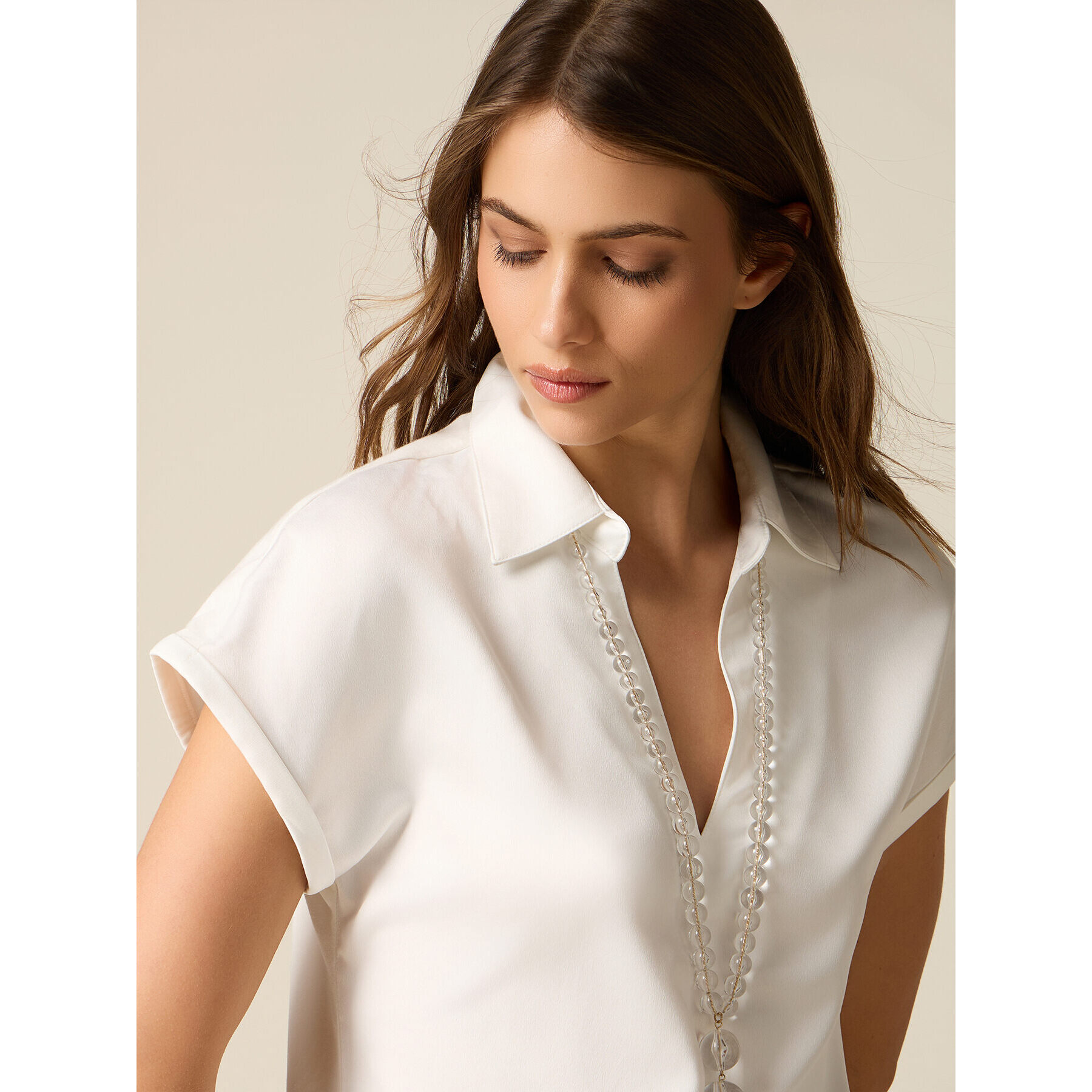 Oltre - T-shirt bimaterica con scollo a V - Bianco