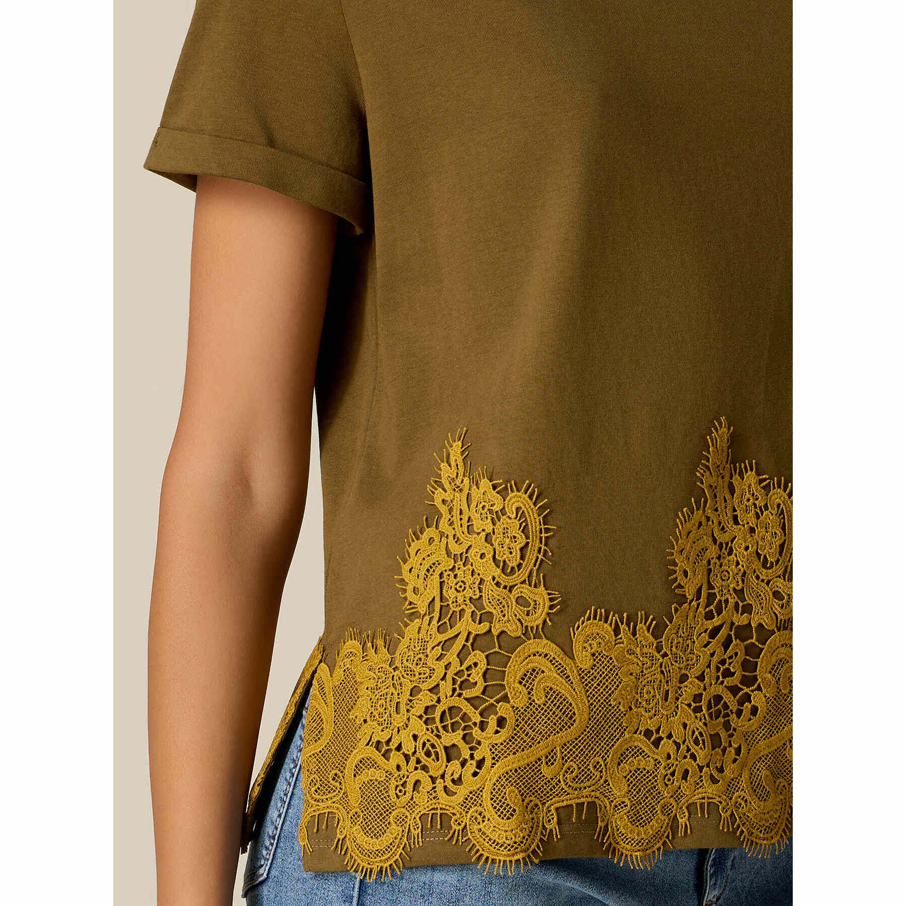 Oltre - T-shirt in cotone con pizzo - Kaki