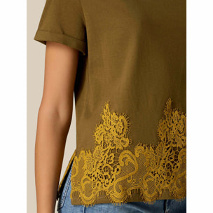 Oltre - T-shirt in cotone con pizzo - Kaki