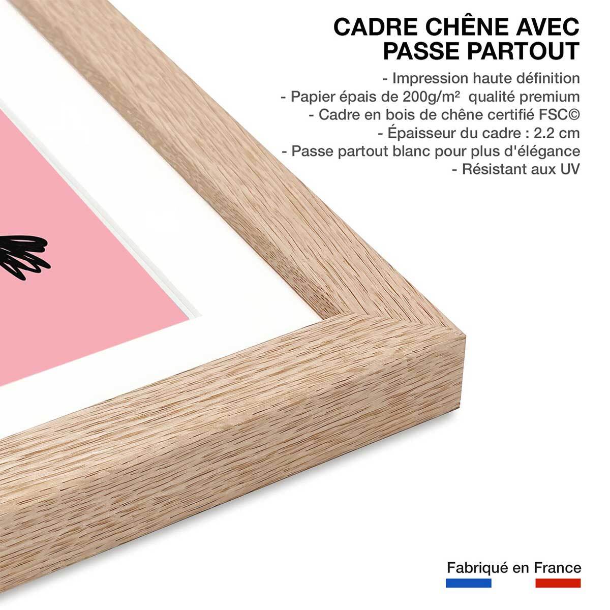Affiche enfant zèbre rose  Affiche + cadre en bois - Chêne