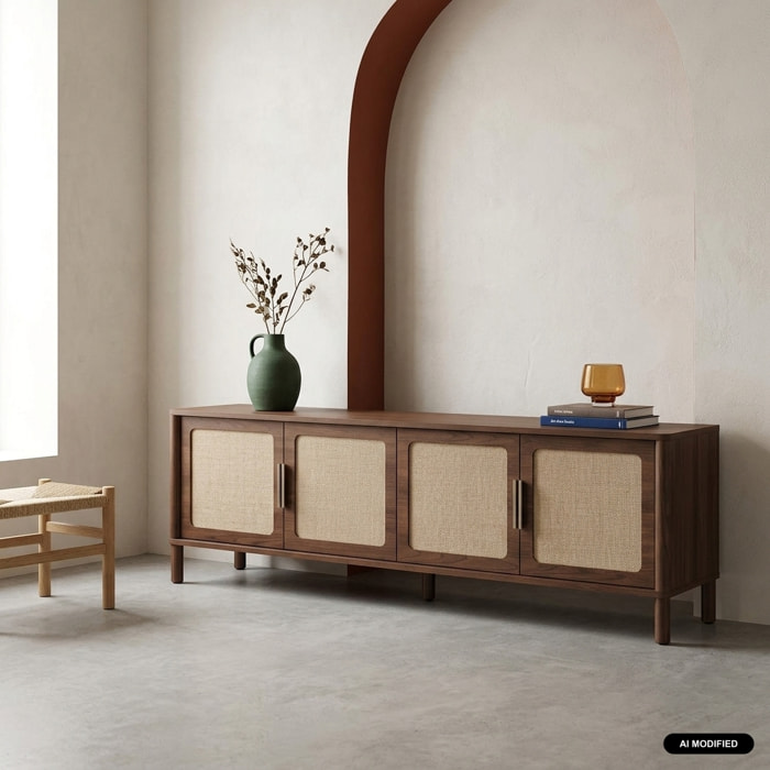 Meuble TV vintage décor bois et cannage 4 portes 160cm ETTA