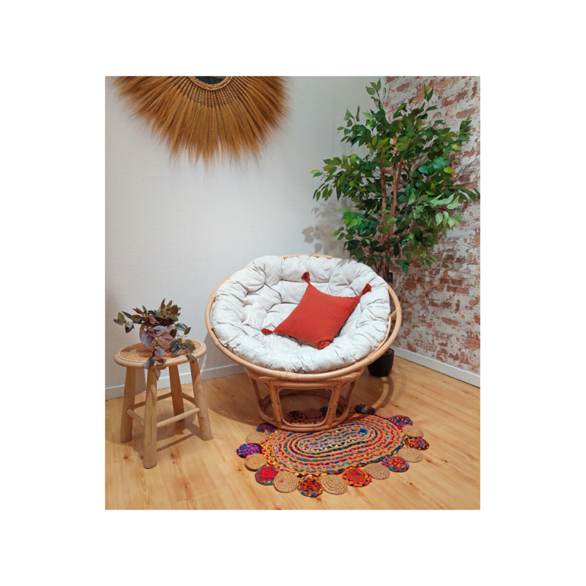 Fauteuil loveuse 1 place en rotin avec coussin blanc NINON