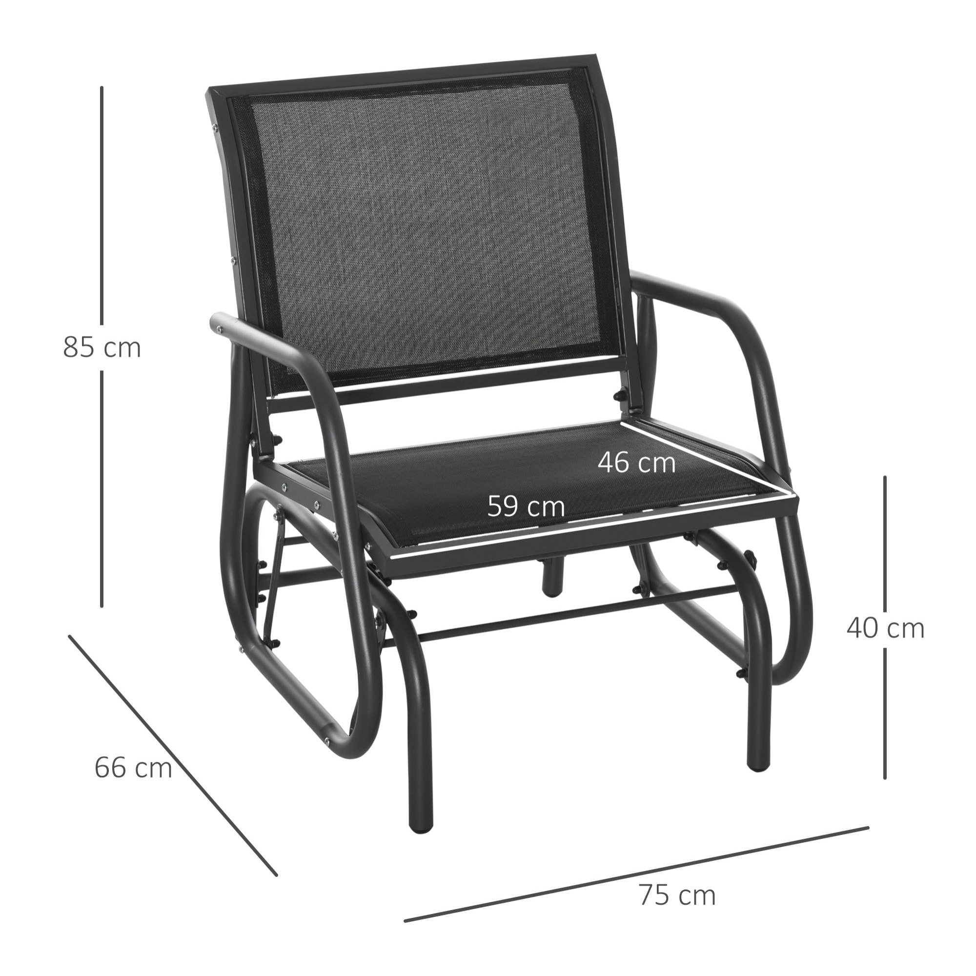 Outsunny Sedia a Dondolo da Giardino in Metallo e Seduta in Tessuto Traspirante, 75x66x85cm Nero e Grigio Scuro