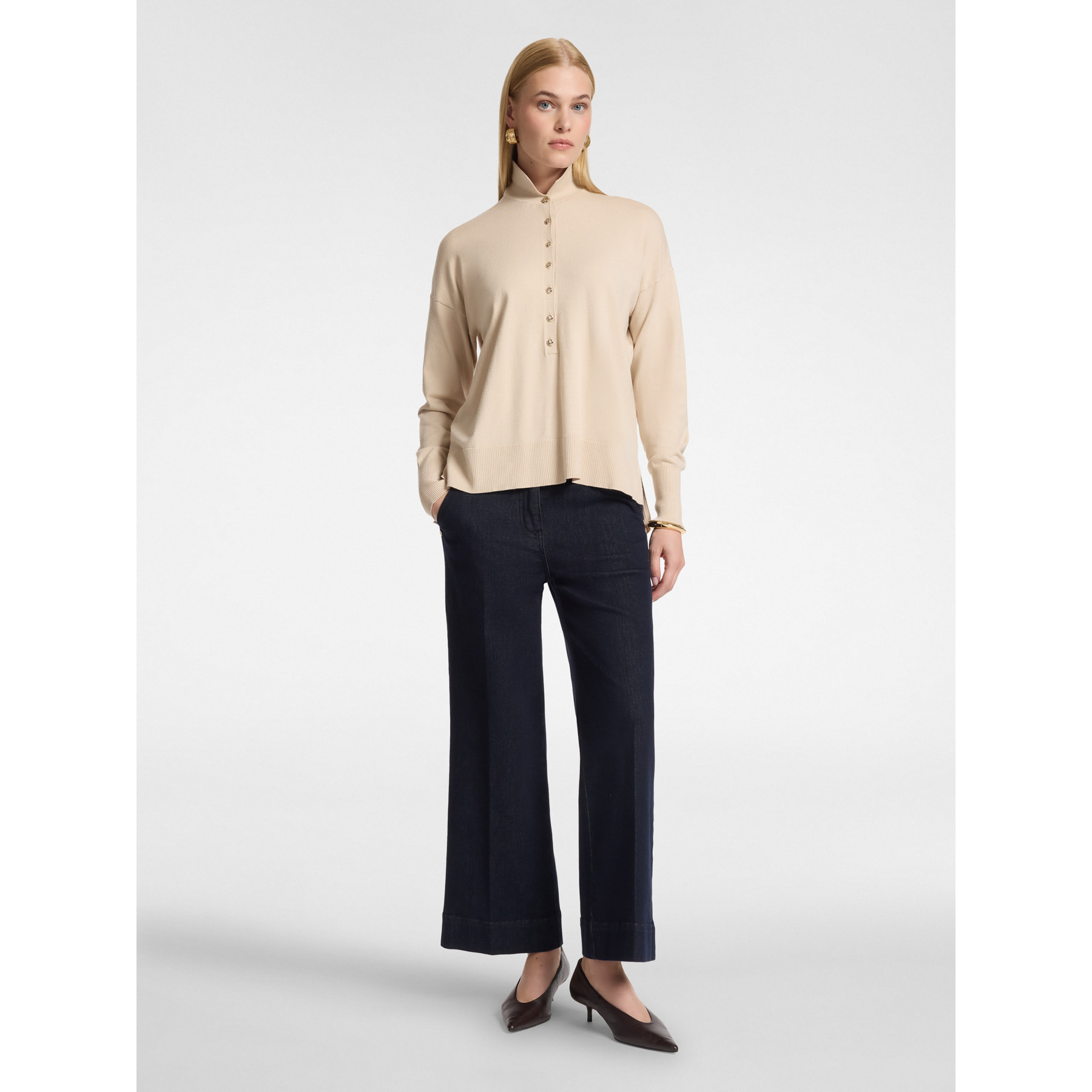 Elena Mirò - Maglia polo in viscosa con bottoni gioiello - Beige