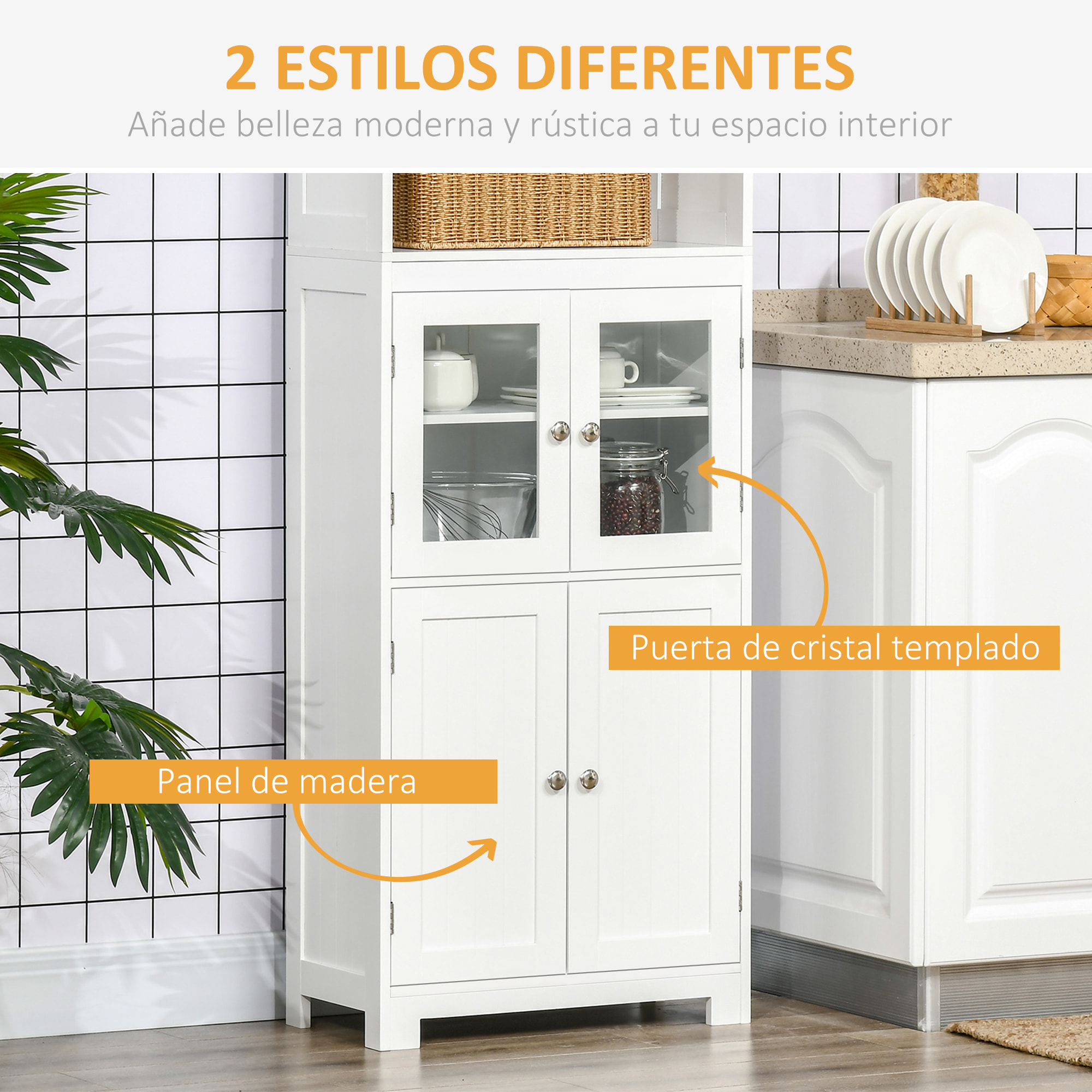 Alacena de Cocina Aparador de Comedor con 2 Puertas de Vidrio Templado 2 Estantes Abiertos y Balda Ajustable para Salón 60x30x162 cm Blanco