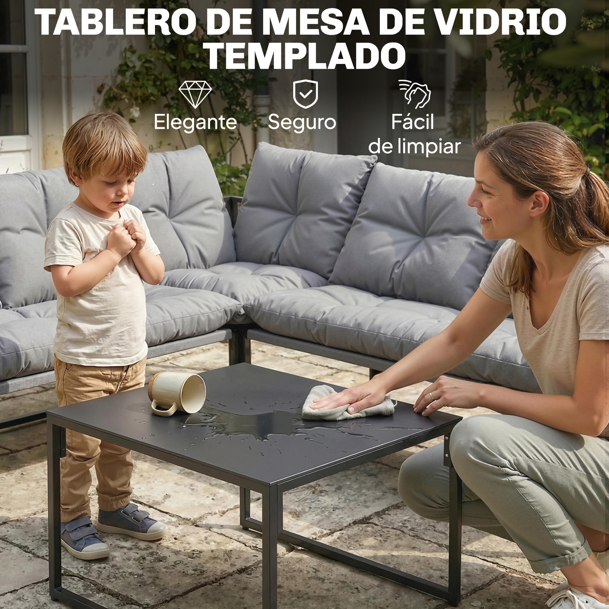 Conjunto de Muebles Jardín Exterior de 4 Piezas, Sofá Exterior Seccional Resistente Forma de L con Cojines Gruesos, 2 Sofás de 2 Plazas, Sofá de Esquina y Mesa Centro de Vidrio Templado, Gris