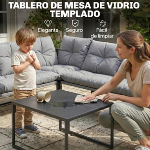 Conjunto de Muebles Jardín Exterior de 4 Piezas, Sofá Exterior Seccional Resistente Forma de L con Cojines Gruesos, 2 Sofás de 2 Plazas, Sofá de Esquina y Mesa Centro de Vidrio Templado, Gris