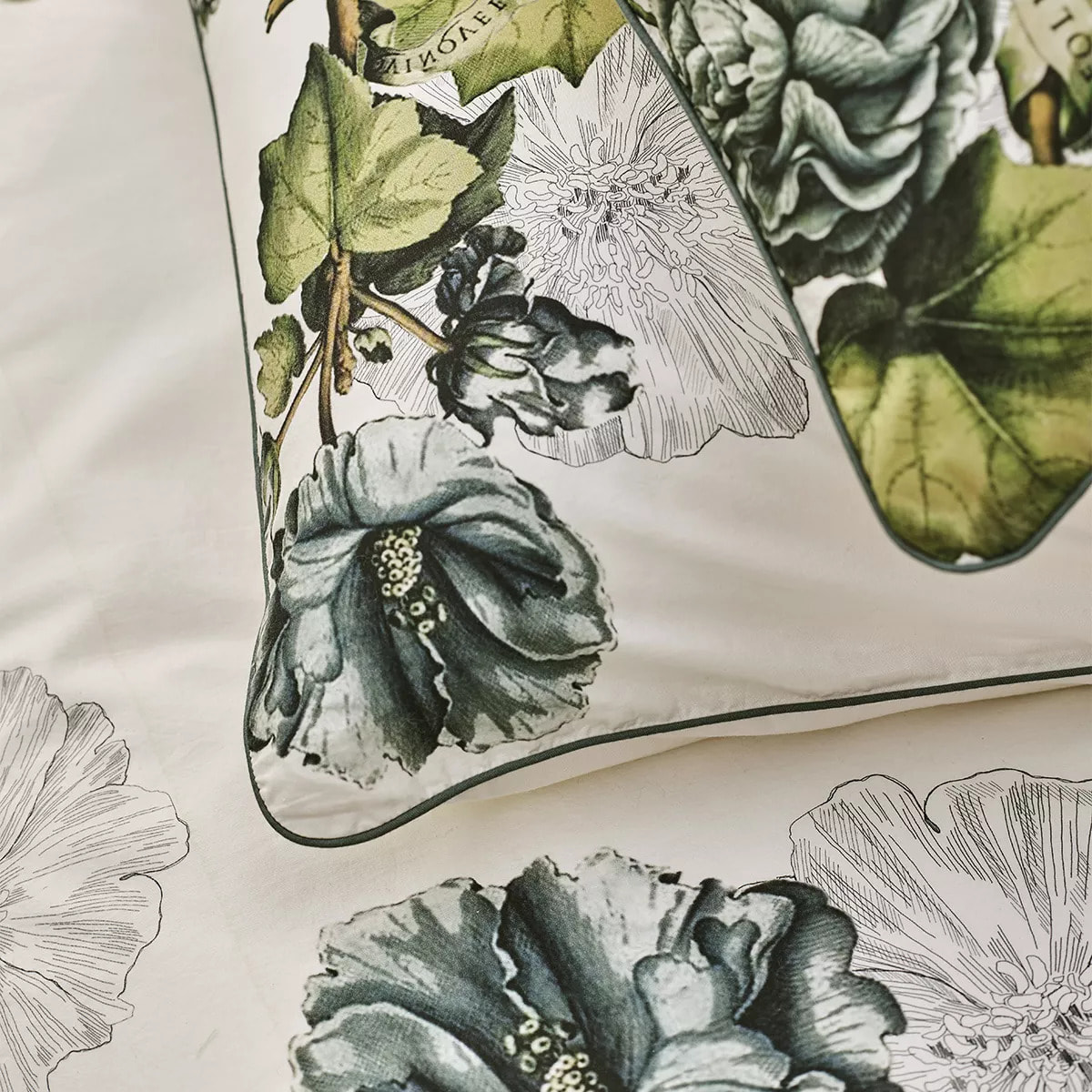 Housse de couette percale de coton lavé imprimé vert ecru Giardino naturel