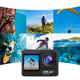 Cámara Deportiva AT-Q60AR de 4k 30fps con 16 mpx, doble pantalla de 2" y 1.3" con multitud de accesorios deportivos y WIFI.