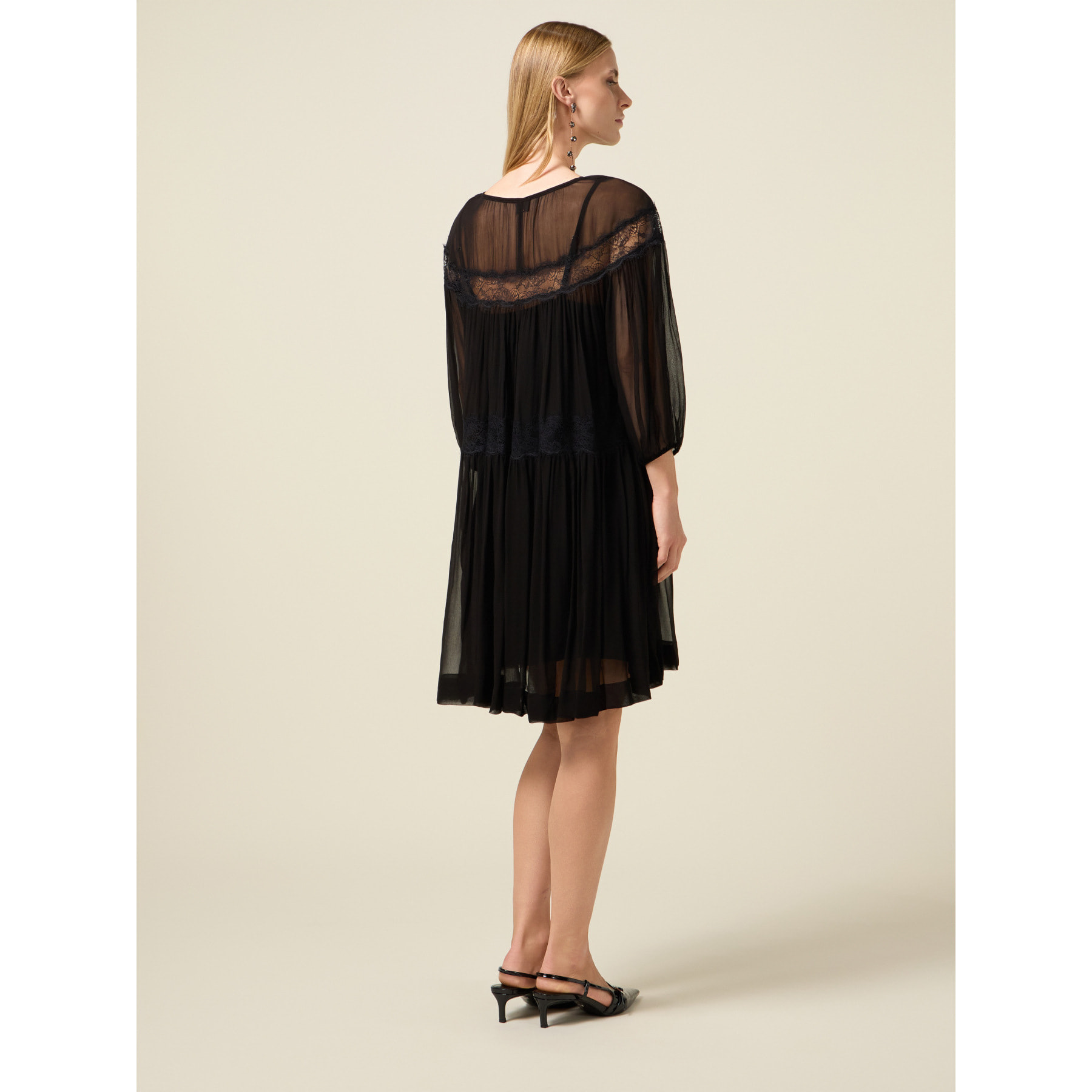 Oltre - Vestido flare en crepé con encaje - Negro
