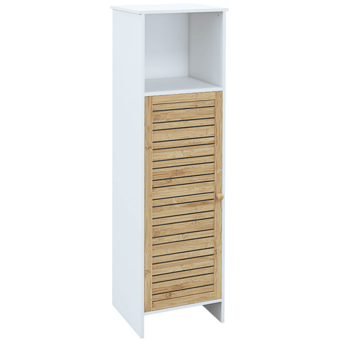 Meuble colonne salle de bain style cosy chic porte étagère niche blanc bambou