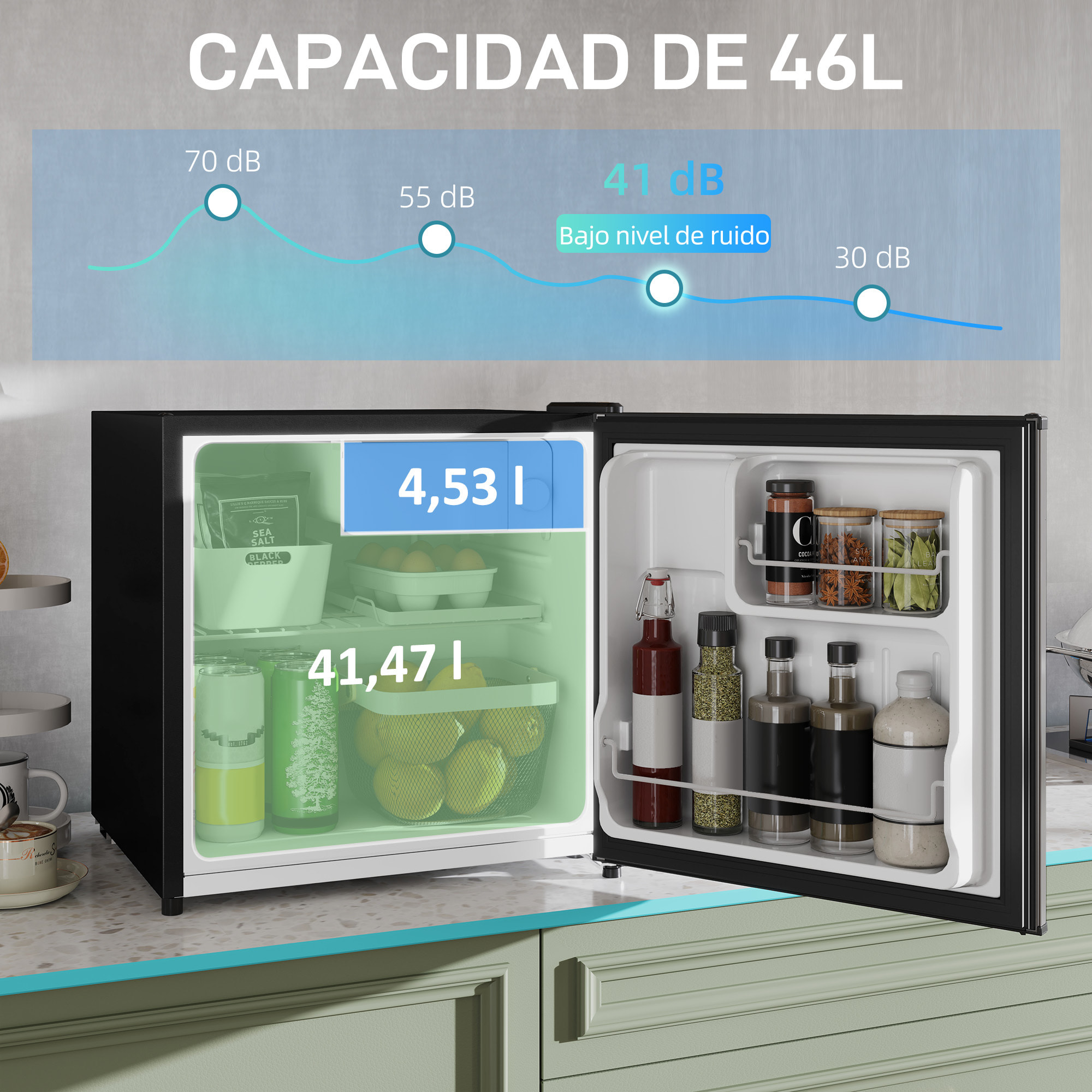 Mini Nevera Silenciosa 46 L Clase E Frigorífico Pequeño Nevera Pequeña con Temperatura Regulable y Puerta Reversible para Salón Habitación Oficina 48x44x49 cm Plata