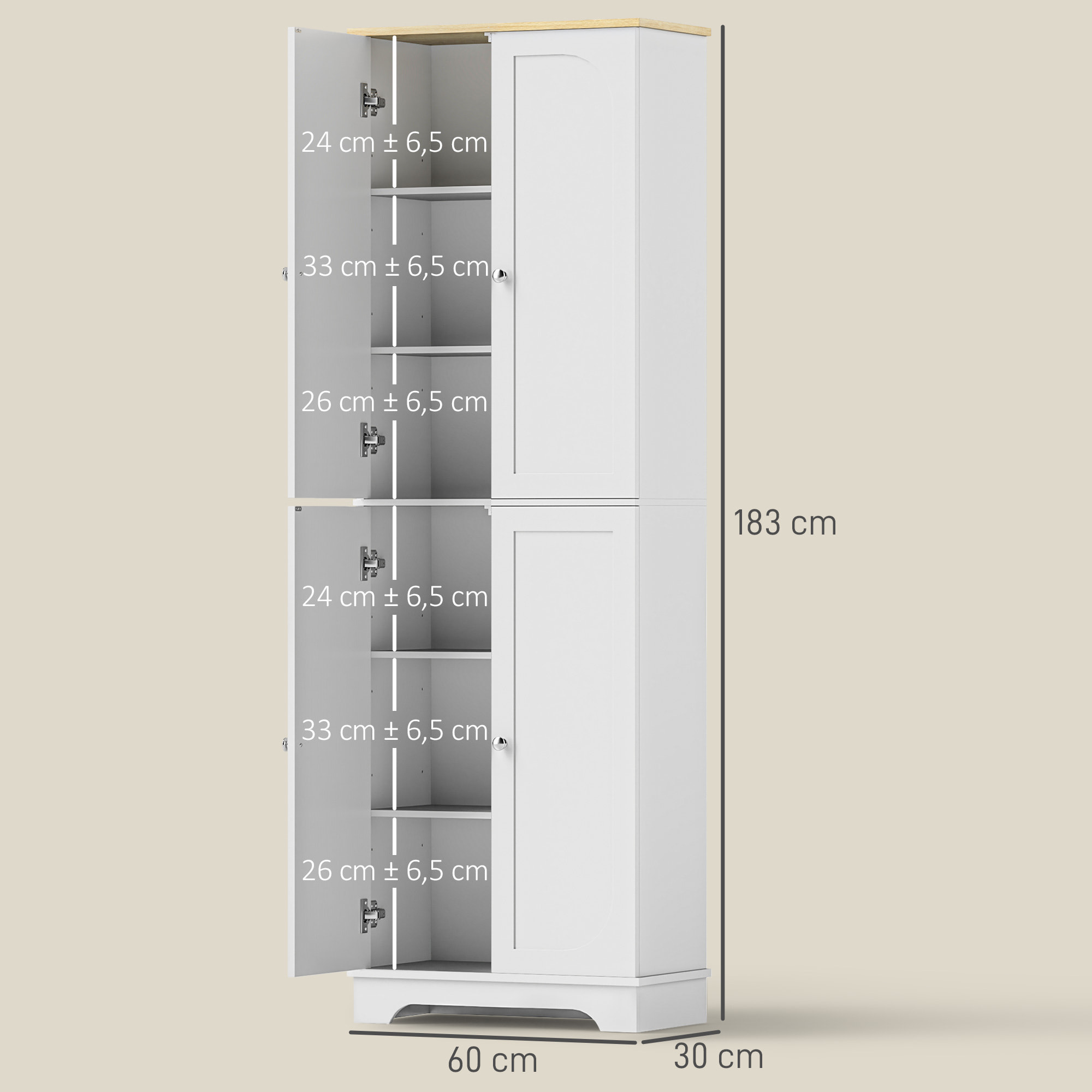 Alacena de Cocina Armario de Cocina Mueble Auxiliar de Cocina con 4 Puertas y Estantes Ajustables para Comedor Salón 60x30x183 cm Blanco