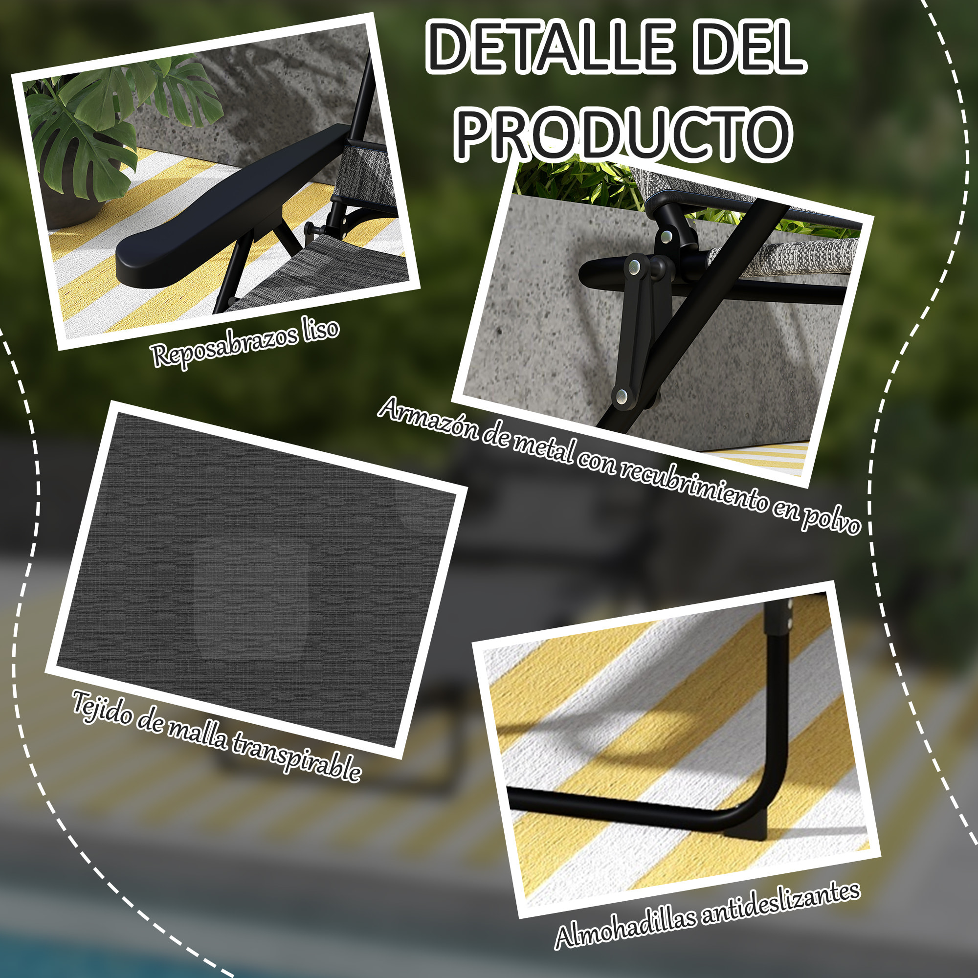 Conjunto de 2 Tumbonas Plegables Tumbonas de Jardín con Respaldo Ajustable en 4 Niveles Orificio de Lectura y Reposacabezas para Terraza Piscina 194x72x31 cm Gris