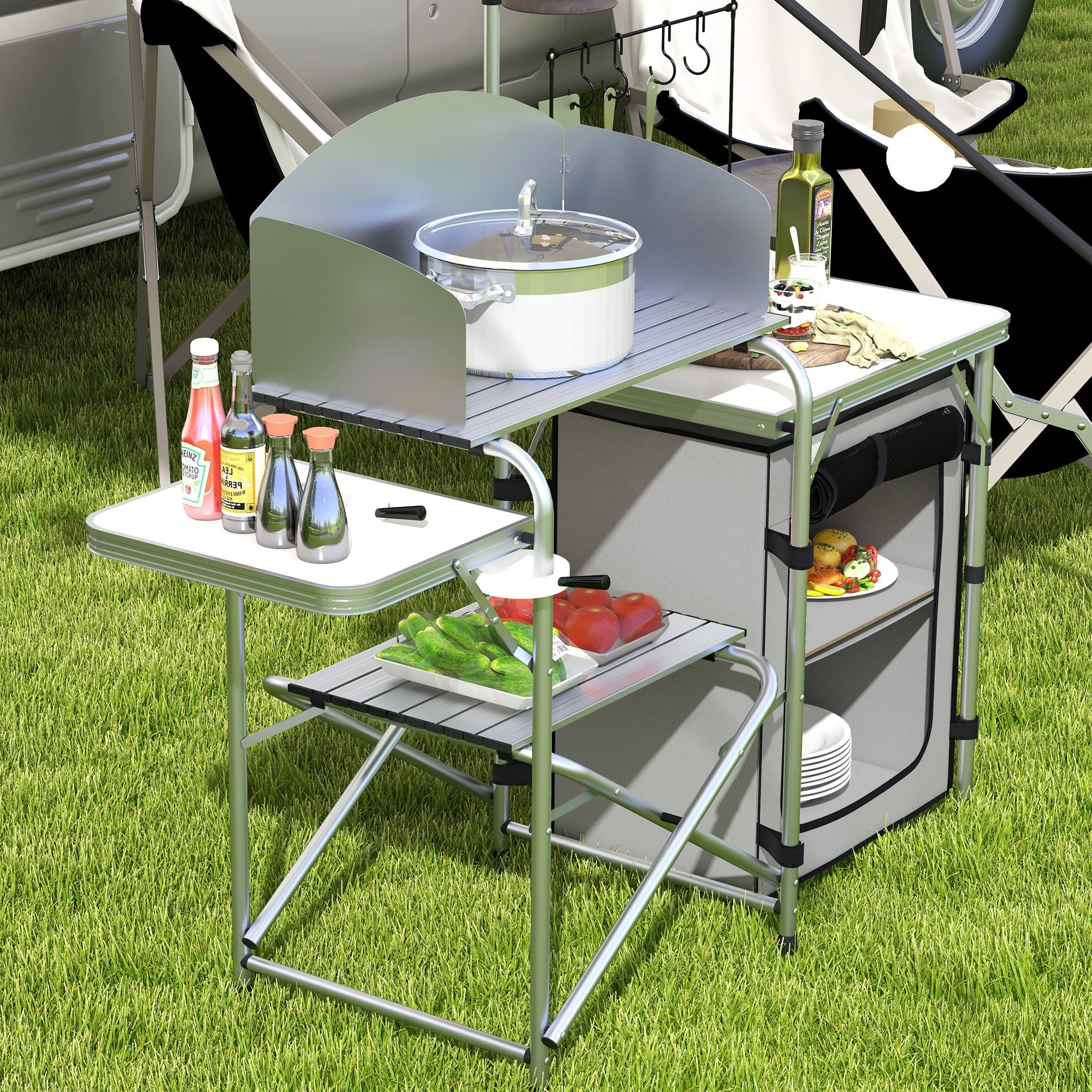 Mueble de Cocina para Camping Armario para Camping Plegable con Mesas Estantes Poste de Luz Elevable y Bolsa de Transporte para Acampada Picnic 144x48x119 cm Plata y Gris Claro