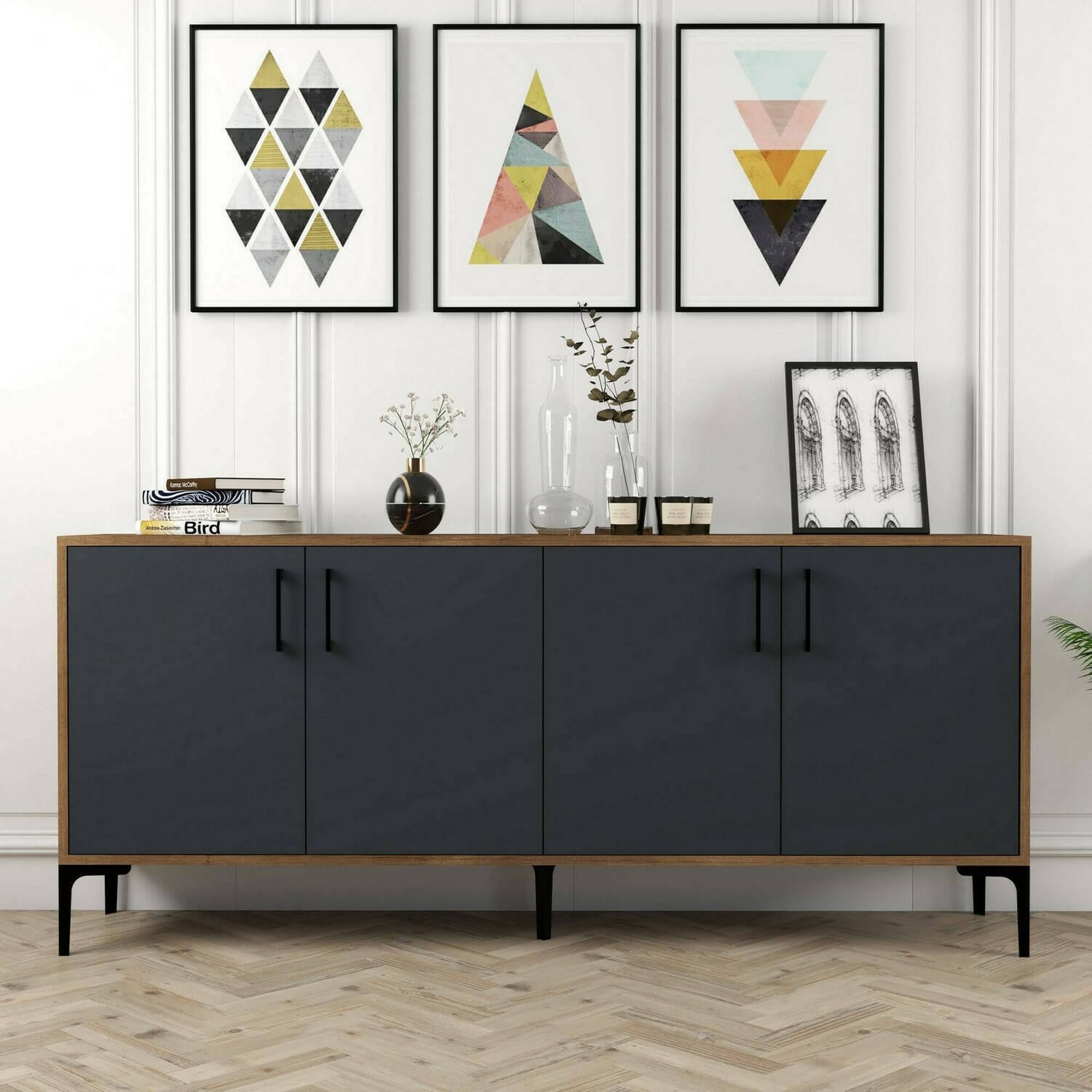 Credenza Dpedrol, Buffet da soggiorno, Madia da salotto, Dispensa da cucina, 180x35h78 cm, Noce e Antracite